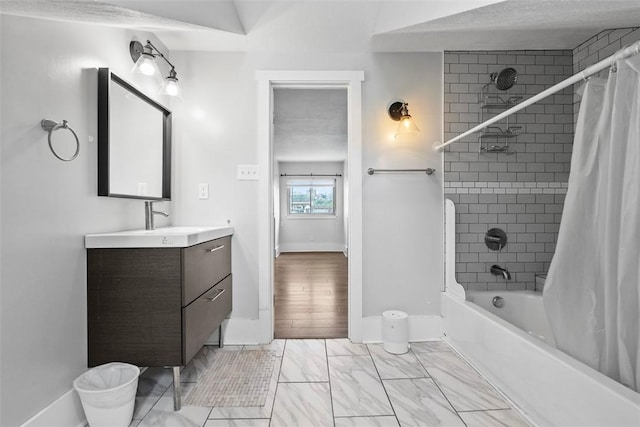2532 Larkins Way S, Side, PA 15203 - full bath featuring vanity, shower / tub combo with curtain, baseboards, and marble finish floors