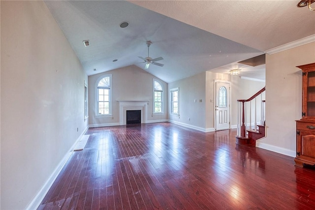 4115 Duckhorn Dr, Moon/Crescent Twp, PA 15108 - unfurnished living room featuring ceiling fan, wood-type flooring, baseboards, and vaulted ceiling