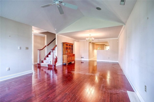 4115 Duckhorn Dr, Moon/Crescent Twp, PA 15108 - unfurnished living room with ceiling fan, wood finished floors, a chandelier, stairs, and vaulted ceiling