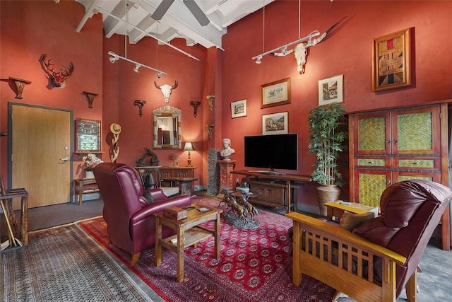 1536 Colwell St Unit 4, Downtown Pgh, PA 15219 - living area featuring carpet flooring, beamed ceiling, and a towering ceiling