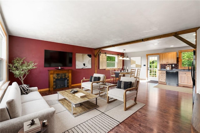 988 Croft Rd, Salem Twp Wml, PA 15601 - living room with wood finished floors, baseboards, a stone fireplace, and recessed lighting