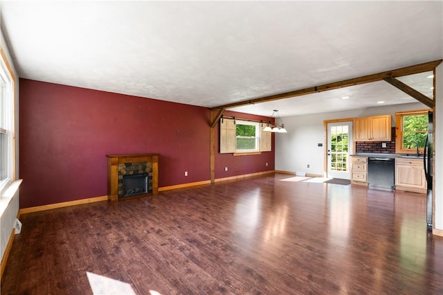 988 Croft Rd, Salem Twp Wml, PA 15601 - unfurnished living room with dark wood finished floors, baseboards, a sink, a stone fireplace, and beamed ceiling