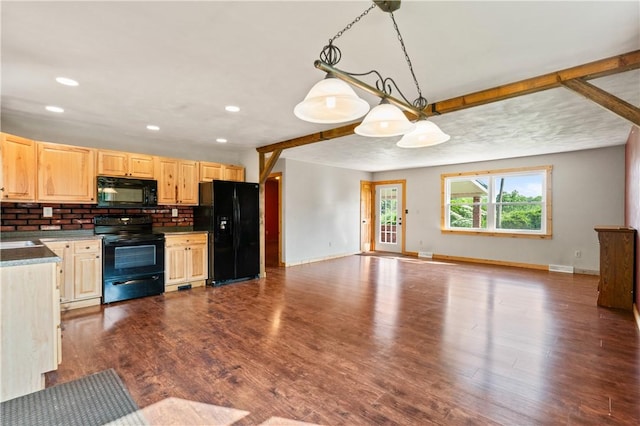 988 Croft Rd, Salem Twp Wml, PA 15601 - kitchen with black appliances, open floor plan, light brown cabinetry, baseboards, and recessed lighting