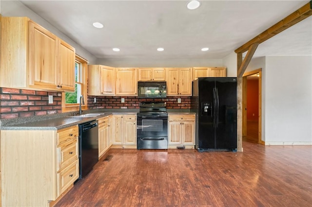 988 Croft Rd, Salem Twp Wml, PA 15601 - kitchen with black appliances, a sink, light brown cabinetry, decorative backsplash, and dark wood-style flooring