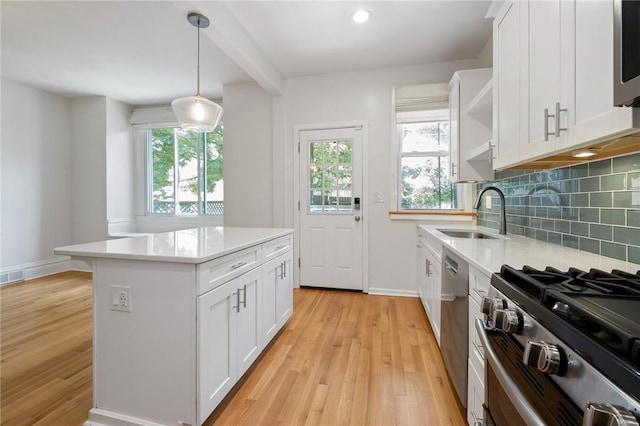 1105 Chislett St, Morningside, PA 15206 - kitchen with a sink, open shelves, appliances with stainless steel finishes, tasteful backsplash, and light wood-type flooring