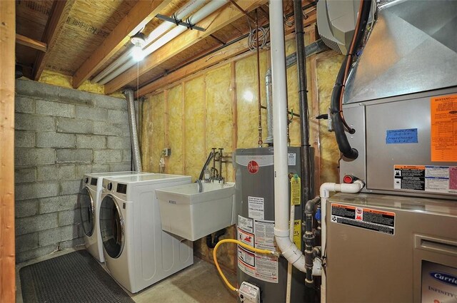 317 Fairview Dr, Manor, PA 15642 - laundry room with water heater, washing machine and clothes dryer, concrete block wall, and heating unit
