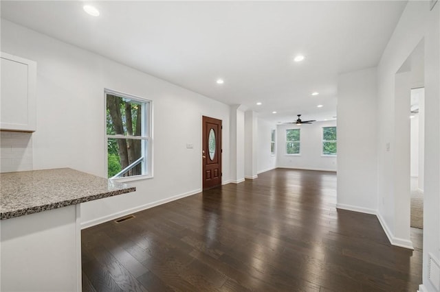 80 Butler St, Valencia Boro, PA 16059 - unfurnished living room featuring dark wood finished floors, ceiling fan, baseboards, and recessed lighting