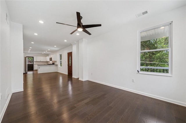 80 Butler St, Valencia Boro, PA 16059 - unfurnished living room featuring dark wood finished floors, ceiling fan, baseboards, and recessed lighting