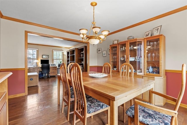 1616 Norman Dr, Franklin Park, PA 15143 - dining area with a chandelier, wainscoting, ornamental molding, dark wood-style floors, and a desk