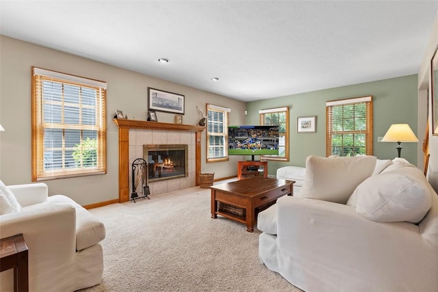 1616 Norman Dr, Franklin Park, PA 15143 - carpeted living area featuring a tile fireplace and recessed lighting
