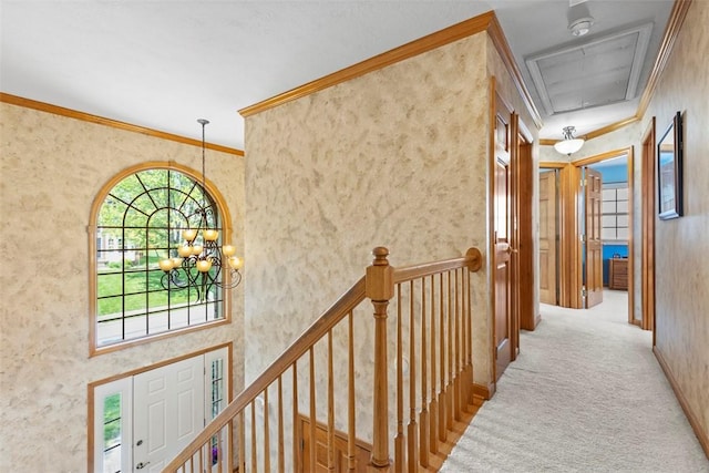 1616 Norman Dr, Franklin Park, PA 15143 - hall featuring carpet, an upstairs landing, a chandelier, attic access, and ornamental molding