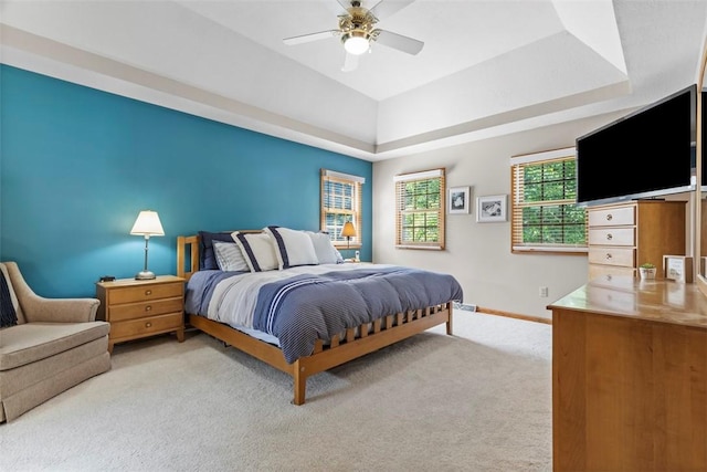 1616 Norman Dr, Franklin Park, PA 15143 - bedroom featuring light carpet, a tray ceiling, and ceiling fan