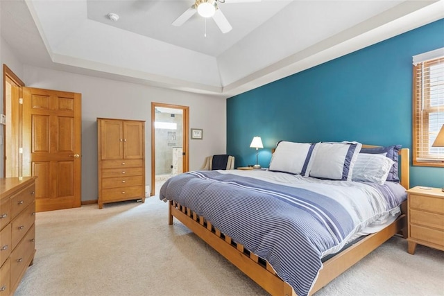 1616 Norman Dr, Franklin Park, PA 15143 - bedroom featuring light colored carpet, a raised ceiling, ceiling fan, and ensuite bathroom