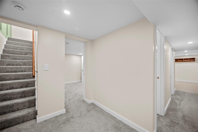 162 E Wedgewood Dr, Ross Twp, PA 15229 - hallway featuring carpet flooring, stairs, baseboards, and recessed lighting