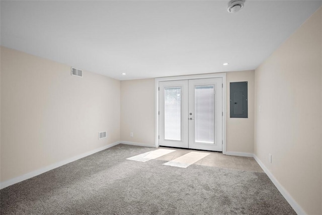 162 E Wedgewood Dr, Ross Twp, PA 15229 - empty room with electric panel, light carpet, french doors, baseboards, and recessed lighting