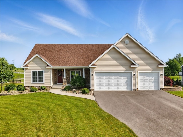 112 Savannah Dr, Lancaster Twp, PA 16037 - view of front facade featuring asphalt driveway, a garage, a front lawn, roof with shingles, and a porch