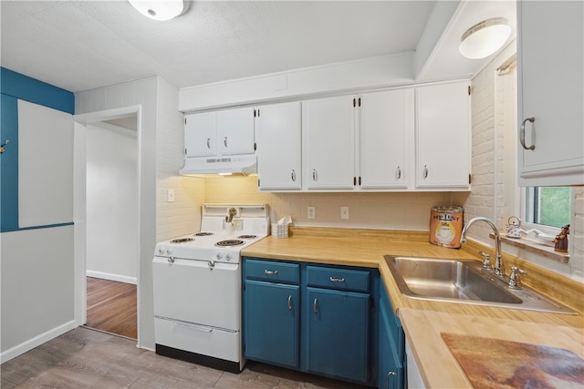131 Spring Ave, Bellevue, PA 15202 - kitchen with white electric stove, under cabinet range hood, blue cabinets, a sink, and white cabinets