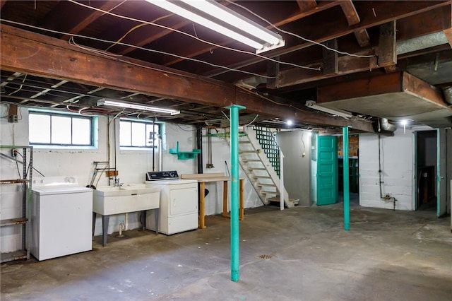 315 Wright St, Mckees Rocks, PA 15136 - below grade area with washer and clothes dryer, stairway, and a sink