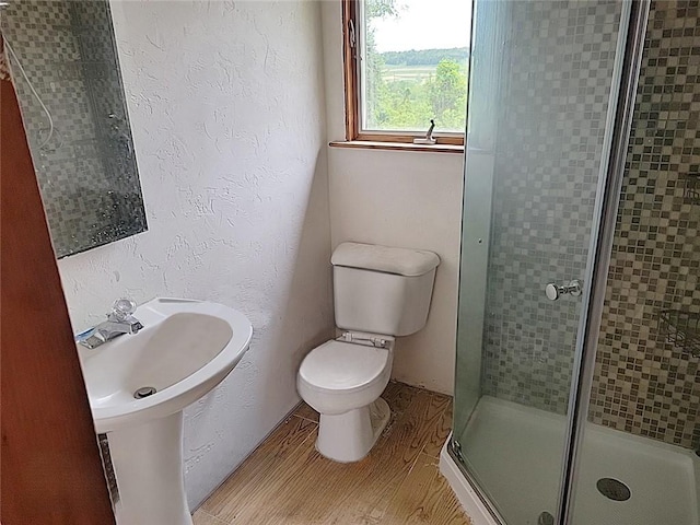 214 Washington Ave, Mount Pleasant Twp Was, PA 15340 - bathroom with a shower stall, toilet, wood finished floors, and a textured wall