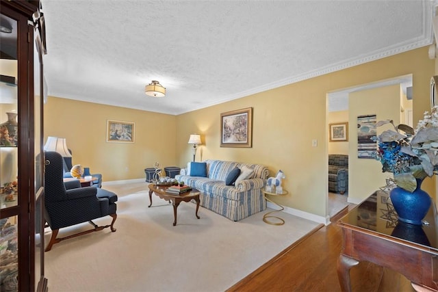 208 Ruffed Grouse Dr, North Fayette, PA 15126 - living room featuring a textured ceiling, baseboards, ornamental molding, and wood finished floors