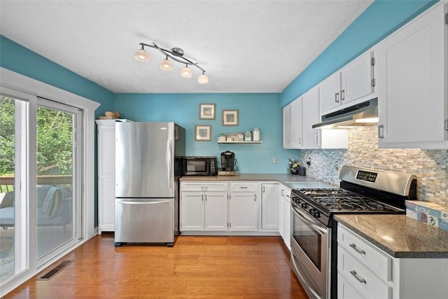 208 Ruffed Grouse Dr, North Fayette, PA 15126 - kitchen with appliances with stainless steel finishes, under cabinet range hood, white cabinets, and decorative backsplash