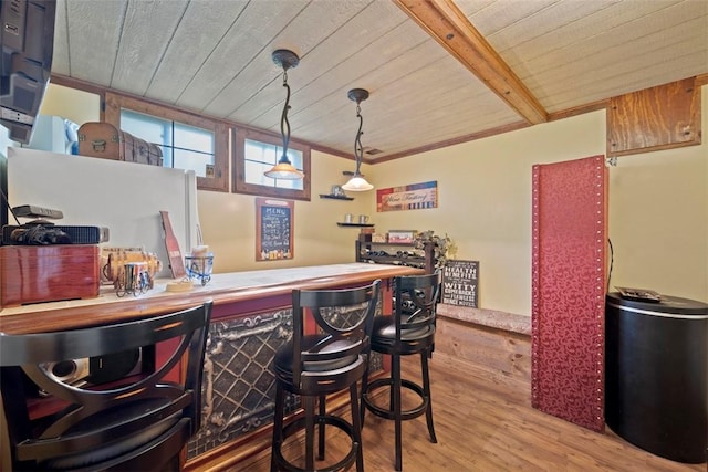 208 Ruffed Grouse Dr, North Fayette, PA 15126 - indoor dry bar with wooden ceiling, wood finished floors, and hanging light fixtures