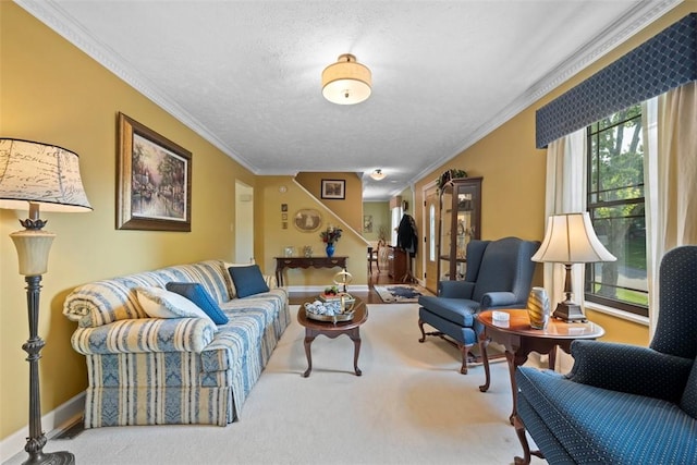 208 Ruffed Grouse Dr, North Fayette, PA 15126 - carpeted living area featuring ornamental molding, a textured ceiling, and baseboards