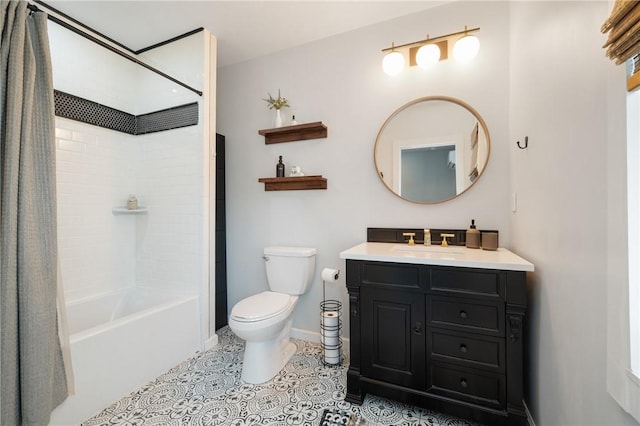 323 44th St, Lawrenceville, PA 15201 - full bathroom with vanity, toilet, shower / bath combo, tile patterned flooring, and baseboards