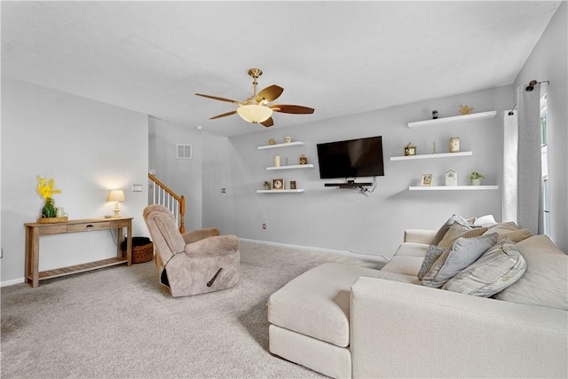 254 Maple Ridge Dr, Cecil, PA 15317 - living area with carpet floors, stairway, a ceiling fan, and baseboards