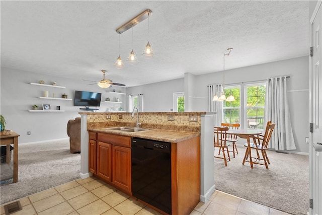 254 Maple Ridge Dr, Cecil, PA 15317 - kitchen with black dishwasher, a sink, light carpet, ceiling fan, and a textured ceiling