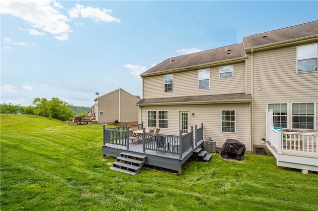 254 Maple Ridge Dr, Cecil, PA 15317 - back of house featuring a wooden deck, a yard, and central air condition unit