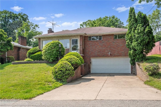 109 Mattier Dr, Ohara, PA 15238 - view of front of home with brick siding, an attached garage, a front yard, driveway, and a chimney