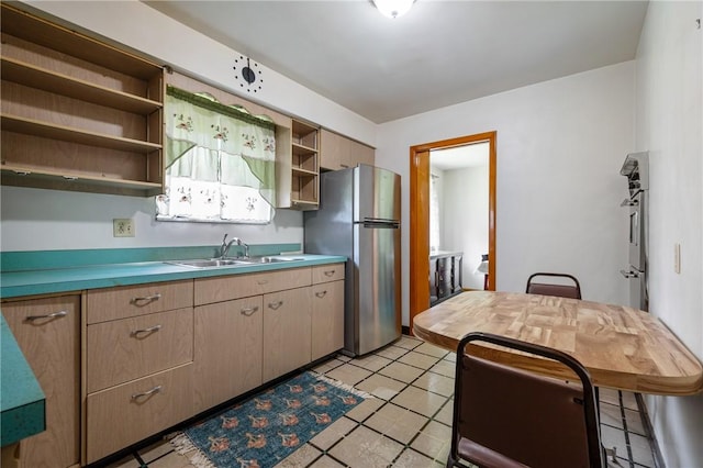 109 Mattier Dr, Ohara, PA 15238 - kitchen with a sink, freestanding refrigerator, open shelves, light countertops, and wall oven
