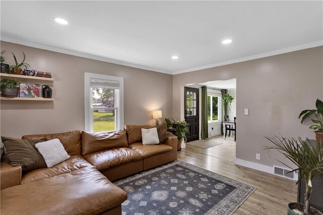169 Plum Way, Wayne Twp Law, PA 16157 - living room featuring wood finished floors, ornamental molding, recessed lighting, and baseboards