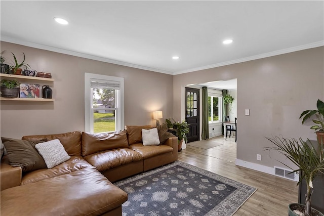 169 Plum Way, Wayne Twp Law, PA 16157 - living area featuring crown molding, wood finished floors, baseboards, and recessed lighting
