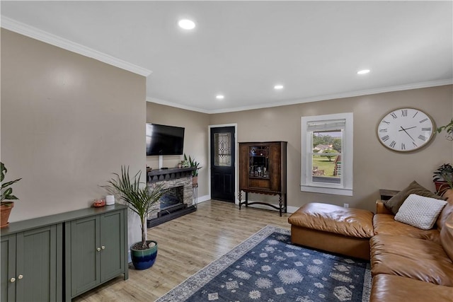 169 Plum Way, Wayne Twp Law, PA 16157 - living area with light wood finished floors, crown molding, recessed lighting, a fireplace, and baseboards