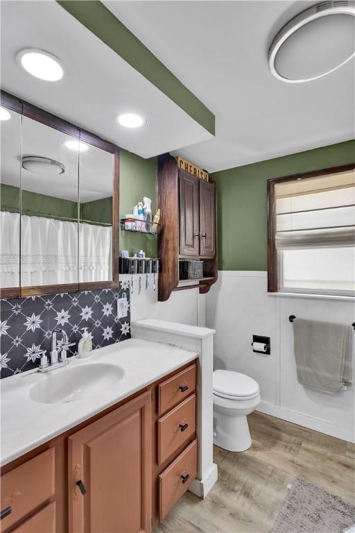 169 Plum Way, Wayne Twp Law, PA 16157 - bathroom featuring vanity, toilet, wood finished floors, curtained shower, and wainscoting