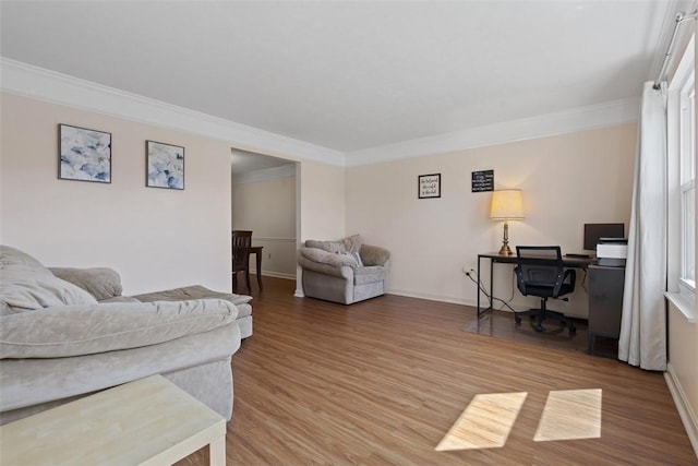 113 Silo Ct, North Fayette, PA 15071 - living area with crown molding, light wood-style flooring, baseboards, and a desk