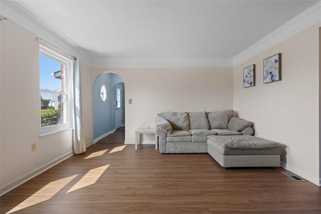 113 Silo Ct, North Fayette, PA 15071 - living room with arched walkways, crown molding, wood finished floors, and baseboards