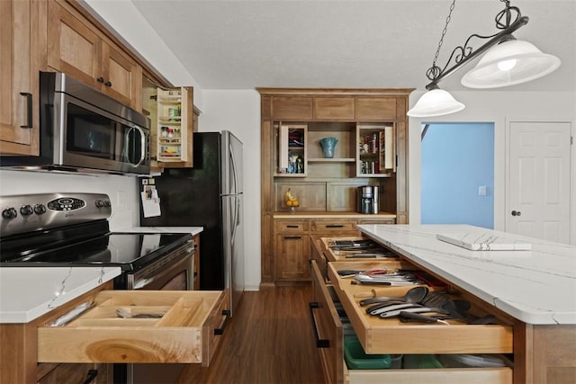 113 Silo Ct, North Fayette, PA 15071 - kitchen featuring appliances with stainless steel finishes, open shelves, brown cabinets, dark wood-style floors, and decorative light fixtures