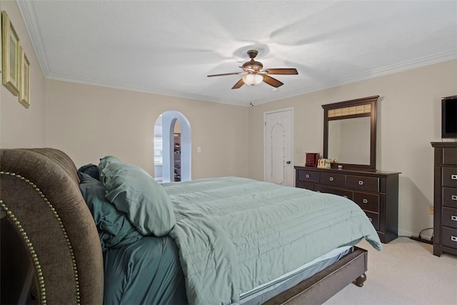 113 Silo Ct, North Fayette, PA 15071 - bedroom featuring arched walkways, light colored carpet, ornamental molding, a ceiling fan, and baseboards