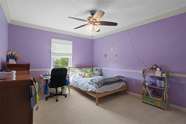 113 Silo Ct, North Fayette, PA 15071 - carpeted bedroom with ornamental molding, a textured ceiling, and a ceiling fan