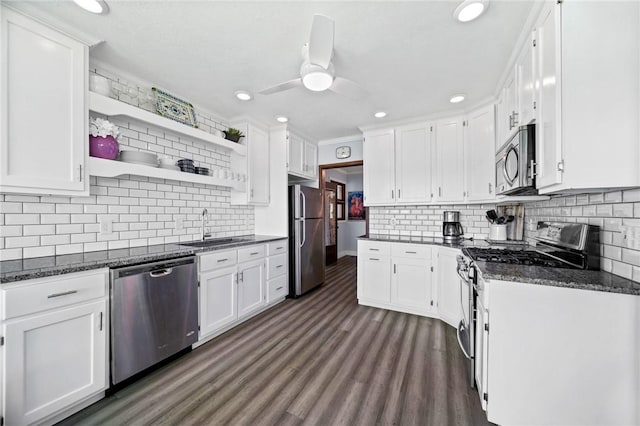 10756 Aldina Dr, Conneaut Lake, PA 16316 - kitchen featuring appliances with stainless steel finishes, a sink, white cabinetry, a ceiling fan, and open shelves