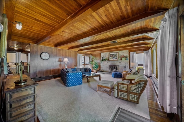 10756 Aldina Dr, Conneaut Lake, PA 16316 - living area with wood walls, wood ceiling with exposed beams, and a fireplace