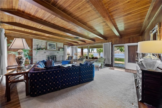 10756 Aldina Dr, Conneaut Lake, PA 16316 - living room with wooden ceiling with exposed beams, a glass covered fireplace, wooden walls, and a baseboard radiator