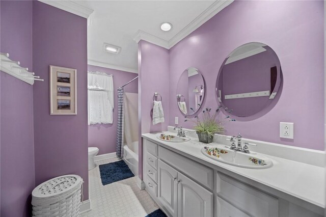 10756 Aldina Dr, Conneaut Lake, PA 16316 - bathroom featuring double vanity, toilet, shower / bath combo with shower curtain, tile patterned flooring, and baseboards