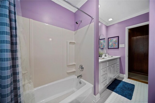 10756 Aldina Dr, Conneaut Lake, PA 16316 - full bathroom featuring ornamental molding, shower / bath combination with curtain, vanity, and baseboards