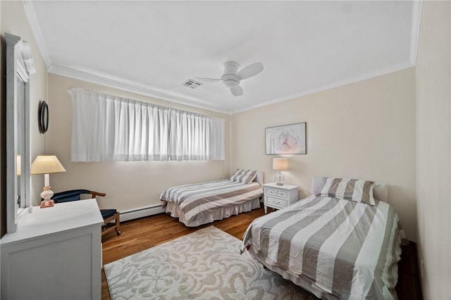 10756 Aldina Dr, Conneaut Lake, PA 16316 - bedroom featuring wood finished floors, ornamental molding, baseboard heating, and ceiling fan