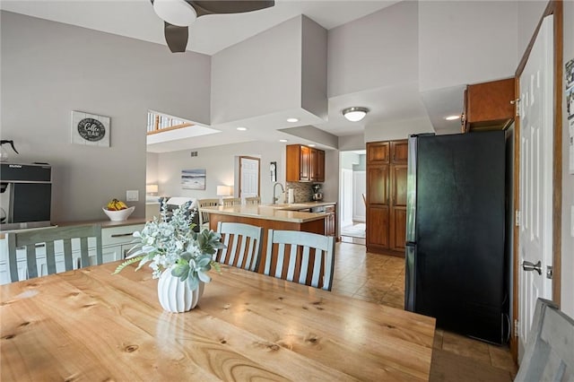 3893 Windsor Ct, Hermitage, PA 16148 - dining space with a high ceiling, a ceiling fan, light tile patterned flooring, and recessed lighting