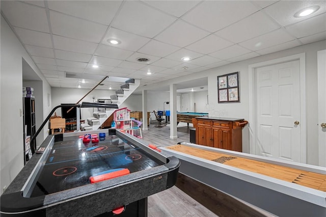 3893 Windsor Ct, Hermitage, PA 16148 - playroom with wood finished floors, billiards table, recessed lighting, baseboards, and a paneled ceiling